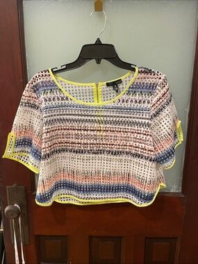 Aqua Neon-Trim Striped Mesh Cropped Blouse - White, Blue, Pink